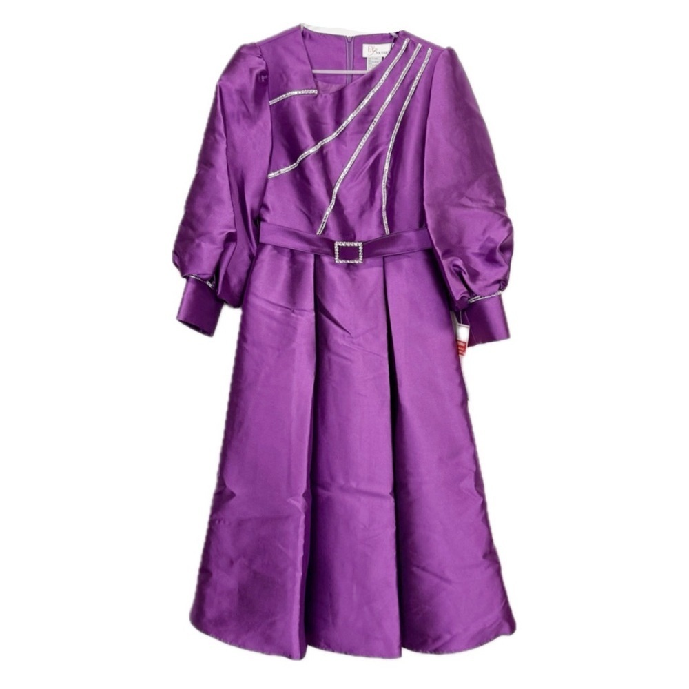 EY Boutique Dress Womens 8 Purple Rhinestone Belt Puff Sleeve Evening NWT